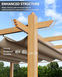 FinerFurnis Retractable Adjustable Canopy Aluminum Pergola – Imitation Wood Grain Column, Khaki, Metal Patio Gazebo, 10x13FT