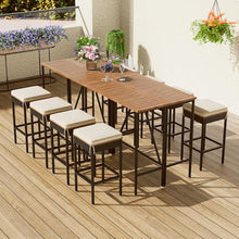 Merax 10-Piece Outdoor Bar Table and Chairs Set for 8, Acacia Wood PE Rattan Wicker Table and 4 Bar Height Stools with Cushions, Foldable Tabletop, Dining Bistro Set All-Weather Patio Furniture, Brown