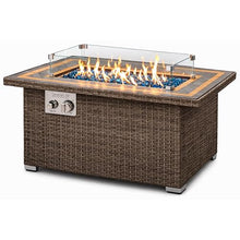 SereneLife Outdoor Propane Fire Pit Table, 50,000 BTU Wicker Gas Firepit with Tile Tabletop, with Glass Wind Guard and Decorative Glass Stones, CSA Certified, Weatherproof Cover, 43"x27"x25"
