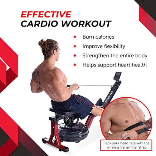 Stamina X Water Rower - Rower Machine with Smart Workout App - Dynamic Water Resistance - Black / Red