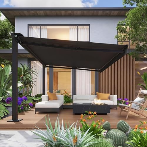 Asiwnshw Standing Awnings for Patio, Heavy Duty Gazebo Retractable Awning Sun Shade Cover Outdoor Canopy Sunsetter Deck Awnings with Manual Crank Handle for Home or Commercial(Gray)