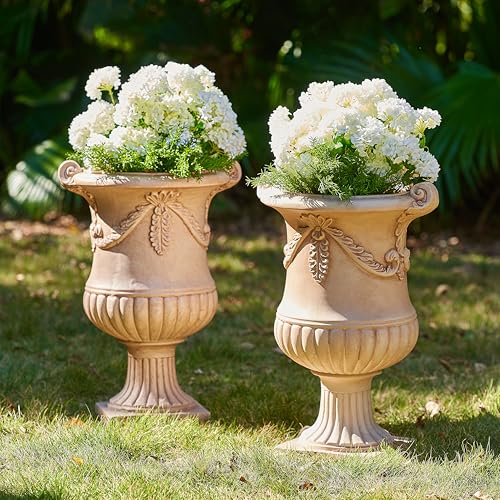 Christopher Knight Home Gary MGO Round Planters Set of 2, Outdoor Flower Pots with Floral Relief Carvings, Classical Garden Urn with Drainage Hole, Patio Urn Planters for Garden, Terracotta
