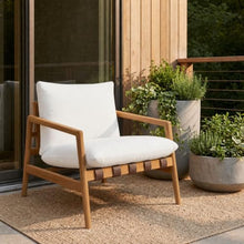 Modway Nomi Teak Wood Outdoor Sling Accent Chair in Natural White - Faux Leather Vegan Patio Armchair with Removable Cushioned Upholstery