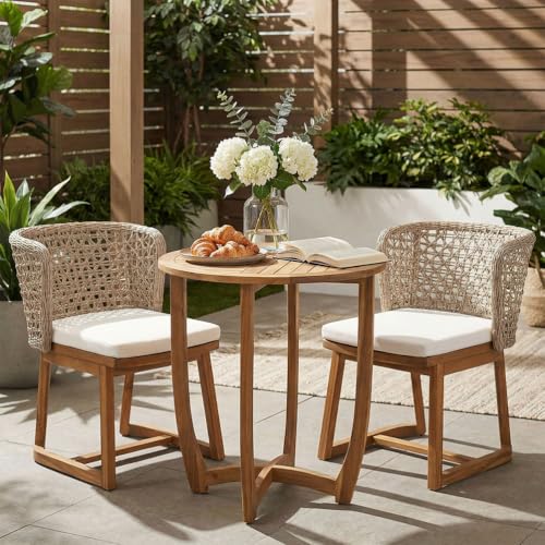 SRECELL 3-Piece Outdoor Bistro Set, Acacia Wood Patio Dining Set with 27.5" Round Table & 2 Wicker Back Chairs with Cushions, Teak Finish Patio Furniture for Balcony, Backyard