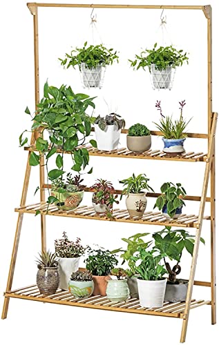 ZEELYDE Plant Stand,3-Tier Hanging Plant Stand Storage Shelf Folding Flower Pot Organizer Display Storage Rack Adjustable Hanger Flower Shelf