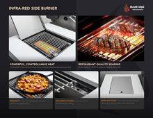Mont Alpi Stainless Steel Outdoor Kitchen Island 44"W 6-Burner Built-in BBQ Gas Grill Head with Infrared Burner + 2.7 Cu Ft Glass Door Refrigerator + 40"W x 21"H Storage Magnetic Double Access Doors