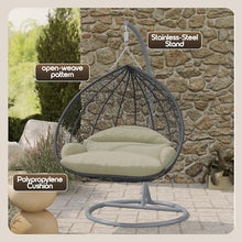 LeisureMod Hanging Egg Chair with Stand for Indoor Outdoor Wicker Patio Swing Chair Open Weave Basket Design with Cushion Metal Frame for Patio Garden Balcony (Grey Frame Taupe Cushion)