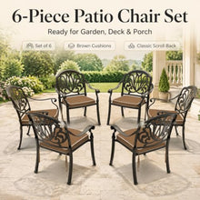 OROTLECT Set of 6 Cast Aluminum Patio Dining Chairs, Outdoor Arm Chairs with Removable Brown Cushion, Classic Scroll Hollow Back Metal Chairs for Garden Backyard Deck Porch Bistro