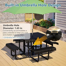Homyee Metal Picnic Table & Built-in Bench Set with Rounded Table Corners and Umbrella Hole for Backyard, Outdoor Table and Bench Set with Steel Frame and Slotted Design for Lawn (Black)
