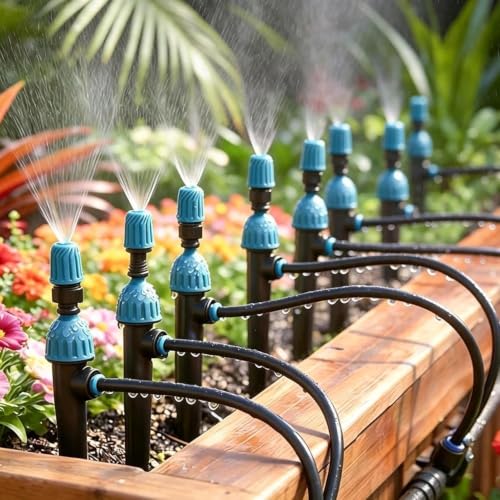 Garden Irrigation 360° Spray Nozzle，Withstands Sun Rain and Impact, Cooling Misters with Multiple Sprinklers for Indoor & Outdoor Plants(80m/262.4ft)