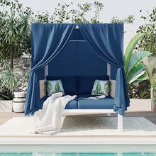 Htftmy 2-Person Daybed with Canopy and Curtains, Outdoor Patio Sunbed, Rubber Core Rope Weave Sunbed Conversation Seating Group for Lawn, Poolside, Deck, Blue