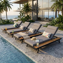 Merax 4 piece Black Iron Teak Finish Chaise Lounge Set with 4" Thick 4-Fold Cushion with Headrest, 400 lbs Capacity, Adjustable Backrest with Flat Storage Surface for Patio, Poolside, Dark Gray