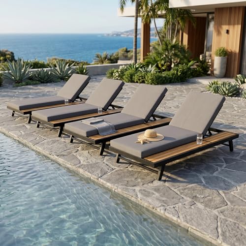 Merax 4 piece Black Iron + Teak Finish Chaise Lounge Set with 4" Thick 2-Fold Cream Cushion, 400 lbs Capacity, Adjustable Backrest with Flat Storage Surface for Patio, Poolside, Backyard, Dark Gray