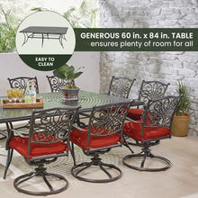 Hanover Traditions 11-Piece Modern Outdoor Dining Set with Rust Resistant Cast Aluminum Table and 10 Red Swivel Rocker Chairs