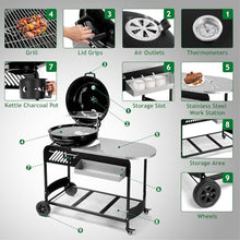 Portable Charcoal Grill with Cart Slide-Out Ash Catcher 21'' BBQ Grill with Porcelain Enamel Lid Thermometer and Wheels Small Charcoal Grills for Outdoor Backyard Camping Iron Black