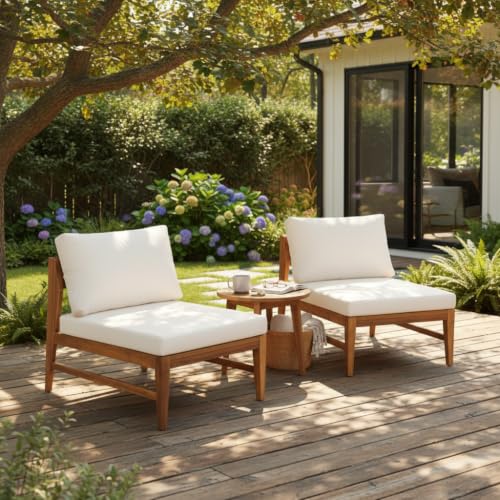 Merax Set of 2 Patio Acacia Wood Deep Seating Armless Chairs with Cushions
