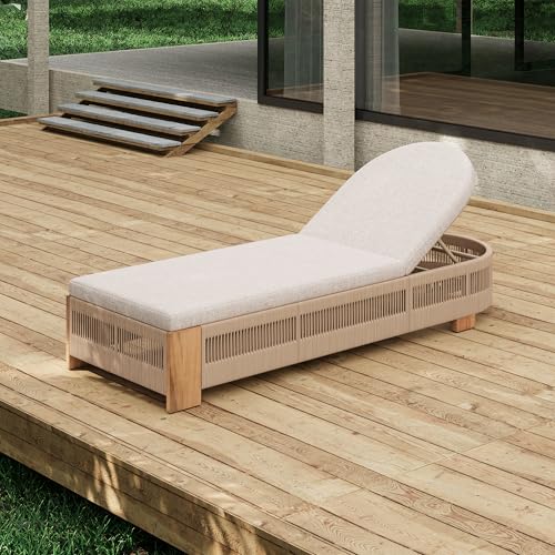 Seeheool Outdoor Chaise Lounge Chair, Acacia Wood Pool Chair with Adjustable Backrest and Cushion, Outdoor Lounge Chair for Beach, Yard, or Poolside (Beige Rope)