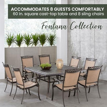 Hanover Fontana 9-Piece Outdoor Patio Dining Set with 60'' Cast-Top Table and 8 Sling Swivel Rocker Chairs Tan