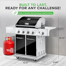 Heavy-Duty 5-Burner Propane Gas Grill - Stainless Steel Grill, 4 Main Burner with 1 side burner, 52,000 BTU Grilling Capacity, Electronic Ignition System, Built-in Thermometer - NutriChef NCGRIL2