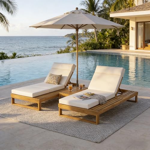 Merax 2 Piece Teak Finish Acacia Wood Chaise Lounge with 4-Inch Beige 4-Fold Cushion Set, Adjustable Outdoor Patio Lounger with Flat Side Surface, for Poolside