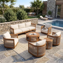 Christopher Knight Home Ayla 7-Seater Patio Furniture Set with Coffee Table, Set of 4 Outdoor Swivel Accent Chair and Sofa Set, 7 Piece Outdoor Acacia Wood Conversation Set with Cushion, Teak+Beige