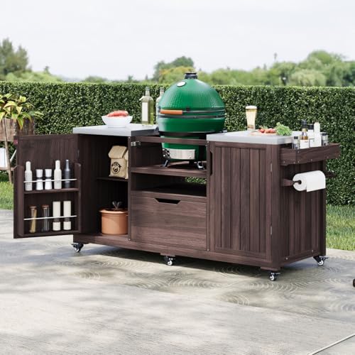 Hassyee Modern Design 66.5" Outdoor Kitchen Island for Big Green Egg Grills, Solid Wood Outdoor Grill Cart with Stainless Steel Top and Drawer (Dark Brown)