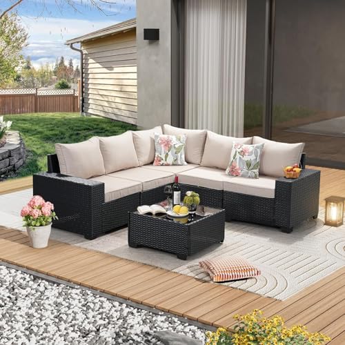 HTERWQEA 6-Piece Patio Conversation Set, Cushioned Rattan Sectional Sofa with Wicker Frame, Ideal for Garden, Porch, or Backyard