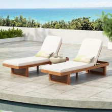Homyee Acacia Wood Loungers with Slatted Side Table and Removable Cushions for Backyard, Poolside, Outdoor Lounge Chairs with Rustic Charm and PE Rattan Weaving for Lawn (4 Lounge Chairs)