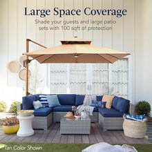 Best Choice Products 10ft Square Cantilever Patio Umbrella w/Base Included, Woodgrain Pattern Pole & Solar LED Lights, 360-Rotation, Offset Hanging Outdoor Shade - Ivory