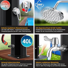 KESSER Solar Shower 40 Litre Solar Garden Shower with Metal Shower Shelf & Protective Cover Hot Water Max 60°C Without Power Connection Pool Shower Camping Rain Shower Head and Tap Black