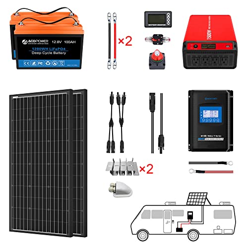 ACOPOWER 200Ah Battery 400W Solar Power System: 2PCS 100Ah Lithium Batteries+1500W Inverter+2PCS 200W Mono Solar Panels+40A MPPT Controller, for RV Boat 12V Off Grid Complete Solar Kit