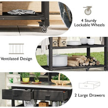 Outdoor Potting Bench with Lockable Wheels & Upper Hutch - Solid Wood Kitchen Island with Stainless Steel Top, Towel Rack & Storage Cabinet for Grilling, Gardening, Lawn (Black)
