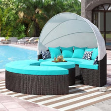 Modway Convene Wicker Rattan Outdoor Patio Retractable Canopy Round Poolside Sectional Sofa Daybed with Cushions in Espresso Turquoise