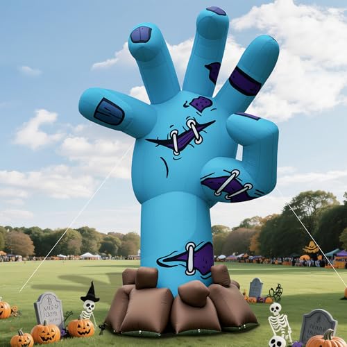 Wellcomer 20' Giant Halloween Inflatable Zombie Hand with Blower, Blow Up Holiday Decor Zombie Hand with Rock Base for Outdoor Yard Lawn Halloween Party (Without LED Lights)