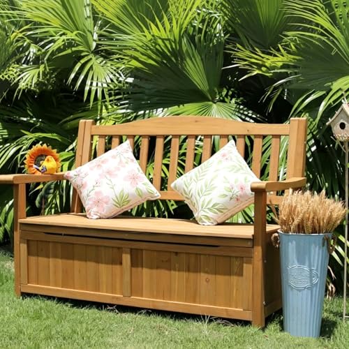 Laohucai Garden Bench, Outdoor Storage Bench, 48.8" Waterpoof Solid Wood Benches for Lawn Yard Porch Work Entryway(A)