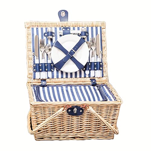 ZYBB Picnic Basket Wicker with Cutlery Insulation Bag Foldable Handles for 4 People 42x32x22cm(Color:Natural+Stripes)