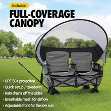 Chariot Outdoor Lawn Chariot, Folding Wagon with 2 Adult Seats & UPF 50+ Canopy, Under-Seat Storage, All-Terrain Wheels, Black Canopy
