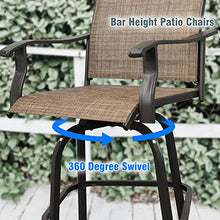 3 Piece Outdoor Bar Stools Set - 2 Bar Height Swivel Patio Chairs & 1 High Bistro Table w/Umbrella Hole - All Weather Textilene High Top Patio Table and Chairs Set (Brown, Set of 3)