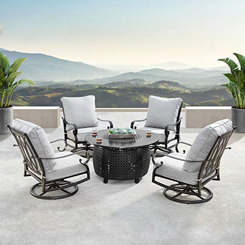 Oakland Living Aluminum 44 in. Round Fire Table Set Four Deep Seating Swivel Rockers, Fire Beads, Lid and Fabric Covers