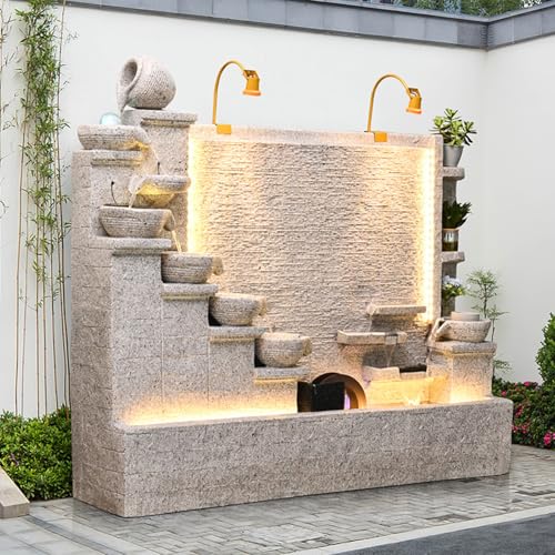 Premium Ivory White Cement Waterfall Fountain Set with LED Lights & Planter Slots for Indoor & Outdoor Use | Left, Right, or Full Set Options | Durable Stone-Like Finish(#A+B)(#A)