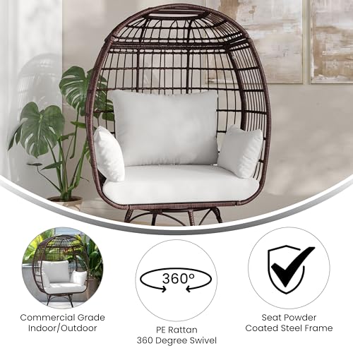 Flash Furniture Zola Oversized Wicker Egg Chair with 360° Swivel, High Back, 4 Cream Cushions/Brown Frame