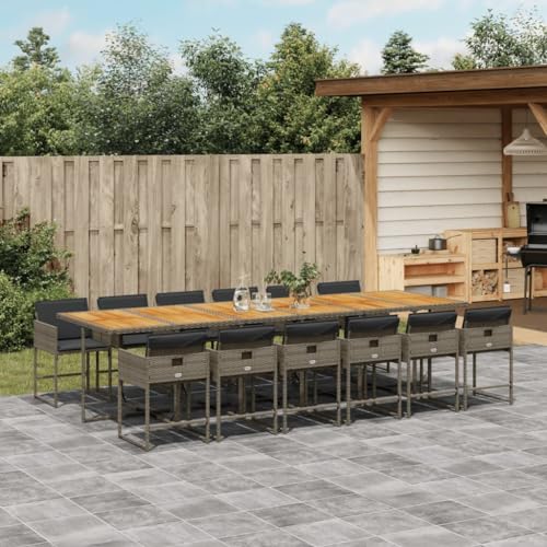 Molumvel 12-Seater Garden Dining Set, Outdoor Acacia Wood Table with PE Rattan Chairs, Patio Furniture for Backyard Gatherings, Grey and Brown
