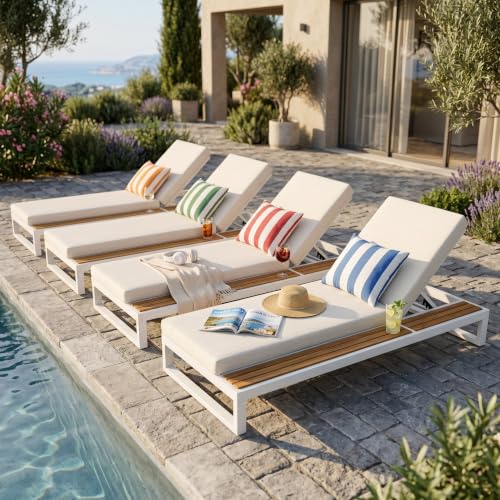 4 PCS Outdoor Acacia Wood Chaise Lounge with Cushions for Poolside, Lawn