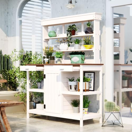 Large Farmhouse Wooden Potting Bench Table with 2 Drawers and Cabinet for Backyard, Porch, Outdoor Garden Workstation with Open Shelves and Solid Wood Frame for Lawn (White)