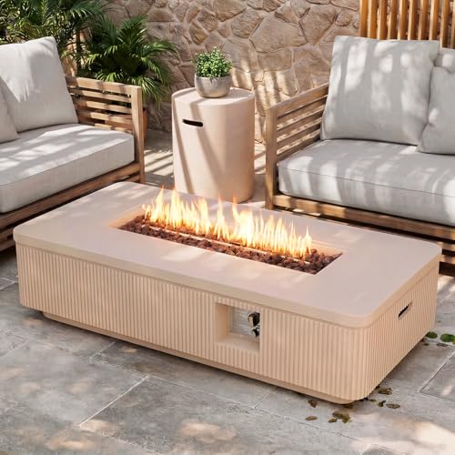 SiTimmGer 2PCS 56" Outdoor Propane Fire Pit Table with Tank Cover, 50,000 BTU Rectangle Concrete Fire Table Modern Ribbed Design Gas FirePit for Outside Patio with Lava Rocks, Rain Cover - Ivory Sand