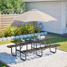 KEIKI 96" Outdoor Metal Picnic Table for 10, Heavy Duty Patio Dining Table with Umbrella Hole, Galvanized Steel Frame for Backyard, Garden, Camping (Black)