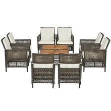 10PCS Patio Rattan Furniture Set Cushioned Sofa Armrest Wooden Tabletop