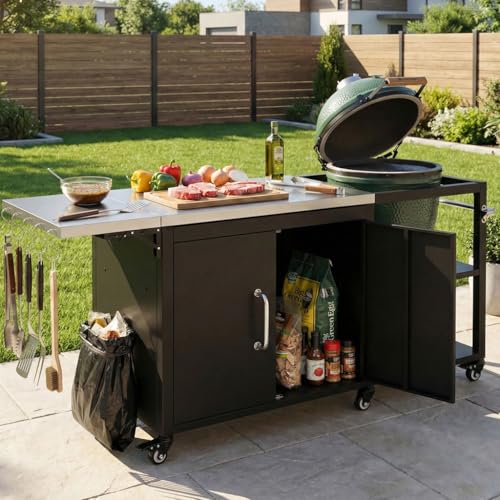 Outdoor Grill Cart with Stainless Steel Top & Drop Leaf, 76.6" BBQ Grill Table Station for Big Green Egg, Kamado Joe & 22" Griddle, Rolling Outdoor Kitchen Island with Storage Cabinet, Hooks & Wheels