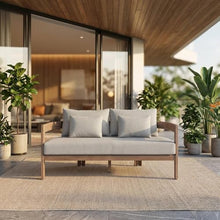 Outdoor Escape Brown Fabric Upholstered Outdoor Loveseat, 65-Inch Contemporary Patio Furniture, Cushioned Seating, Sturdy Frame, Weather-Resistant Design
