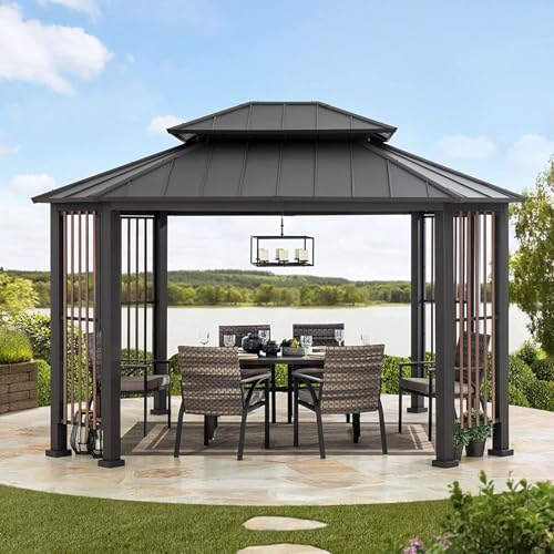 Sunjoy 11 x 13 ft. Hardtop Gazebo Outdoor Steel with Dual Rails and Ceiling Hook Grey